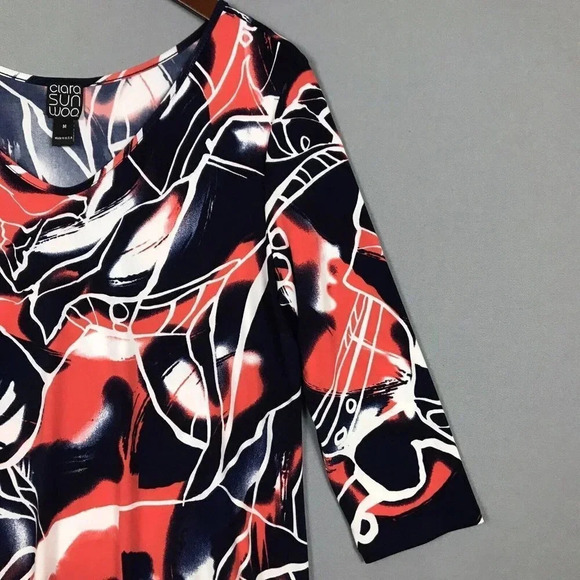 Clara Sun Woo Tunic Top Women Size Medium M Slinky Print 3/4 Sleeve Asymmetrical - Picture 7 of 13
